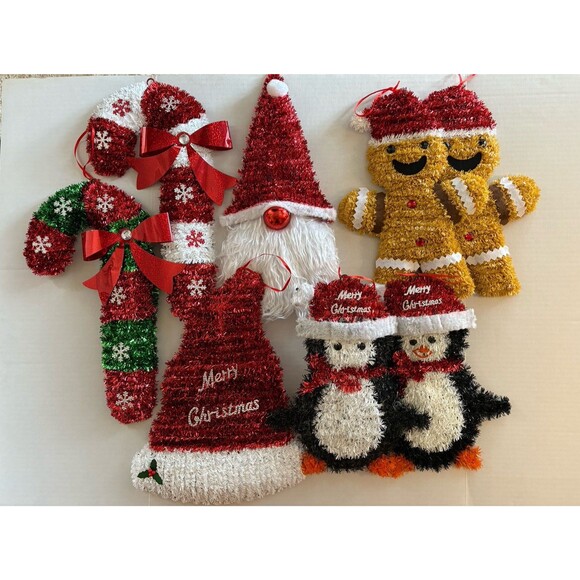 Lot of 8 Sparkly Tinsel Christmas Holiday Hanging Decor Gingerbread Man Penguin - Picture 1 of 10